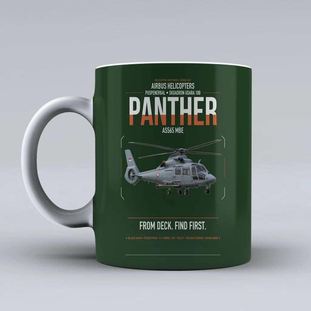 Airbus Helicopters AS565 MBe Panther design on dark green ceramic mug, double-side print