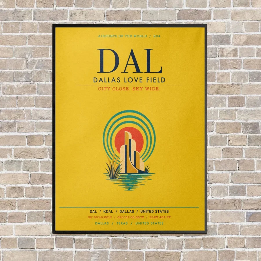 Dallas Love Field DAL vertical canvas print - framed - yellow background