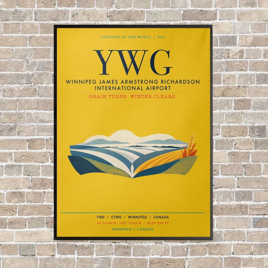 Winnipeg James Armstrong Richardson International Airport YWG vertical canvas print - framed - yellow background