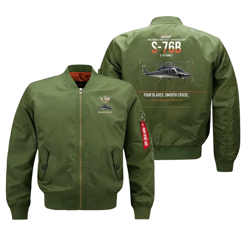 Sikorsky S-76B design on green bomber jacket, double-side print