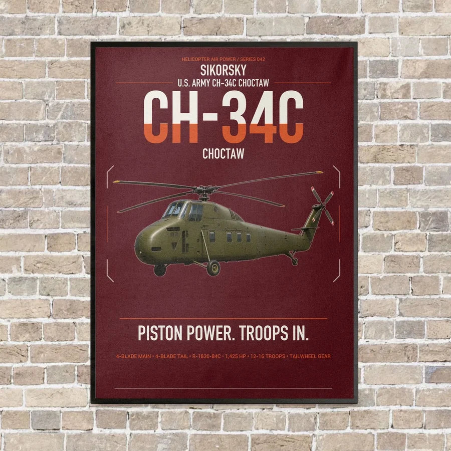 Sikorsky CH-34C Choctaw vertical canvas print - framed - dark red background