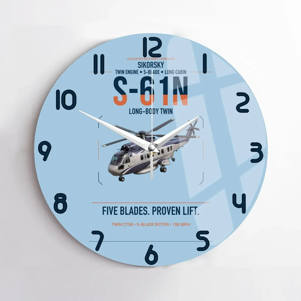 Sikorsky S-61N design on light blue no frame wall clock