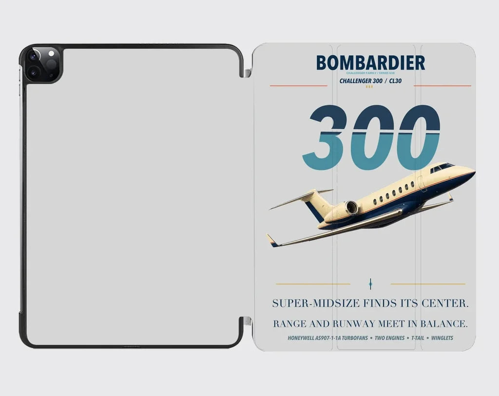 Bombardier Challenger 300 design on light gray ipad tablet case