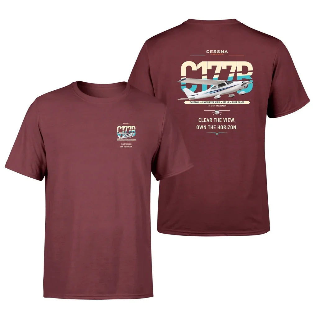 Cessna 177B Cardinal design on dark red t-shirt, double-side print