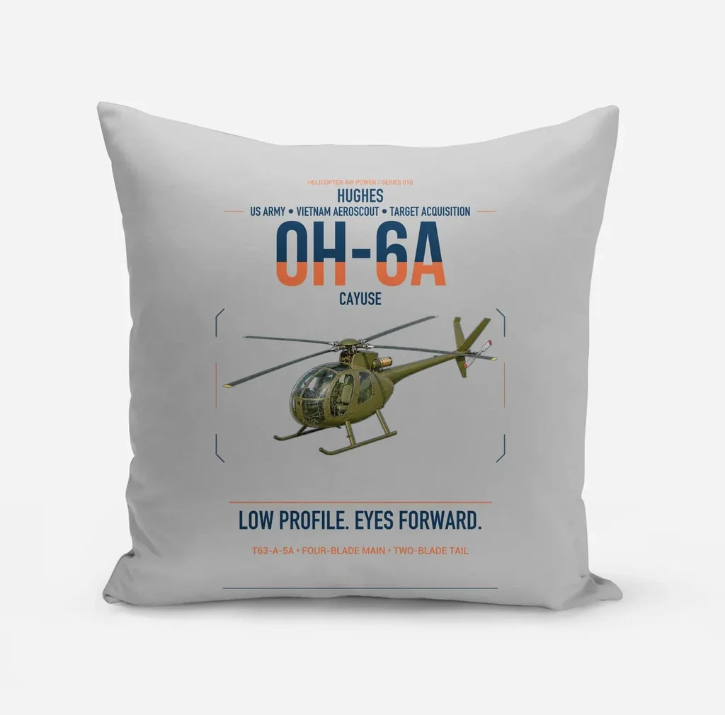 Hughes OH-6A Cayuse design on light gray pillow