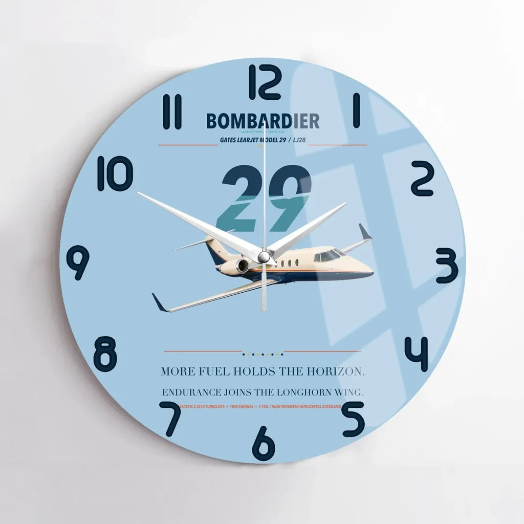 Bombardier Learjet 29 design on light blue no frame wall clock