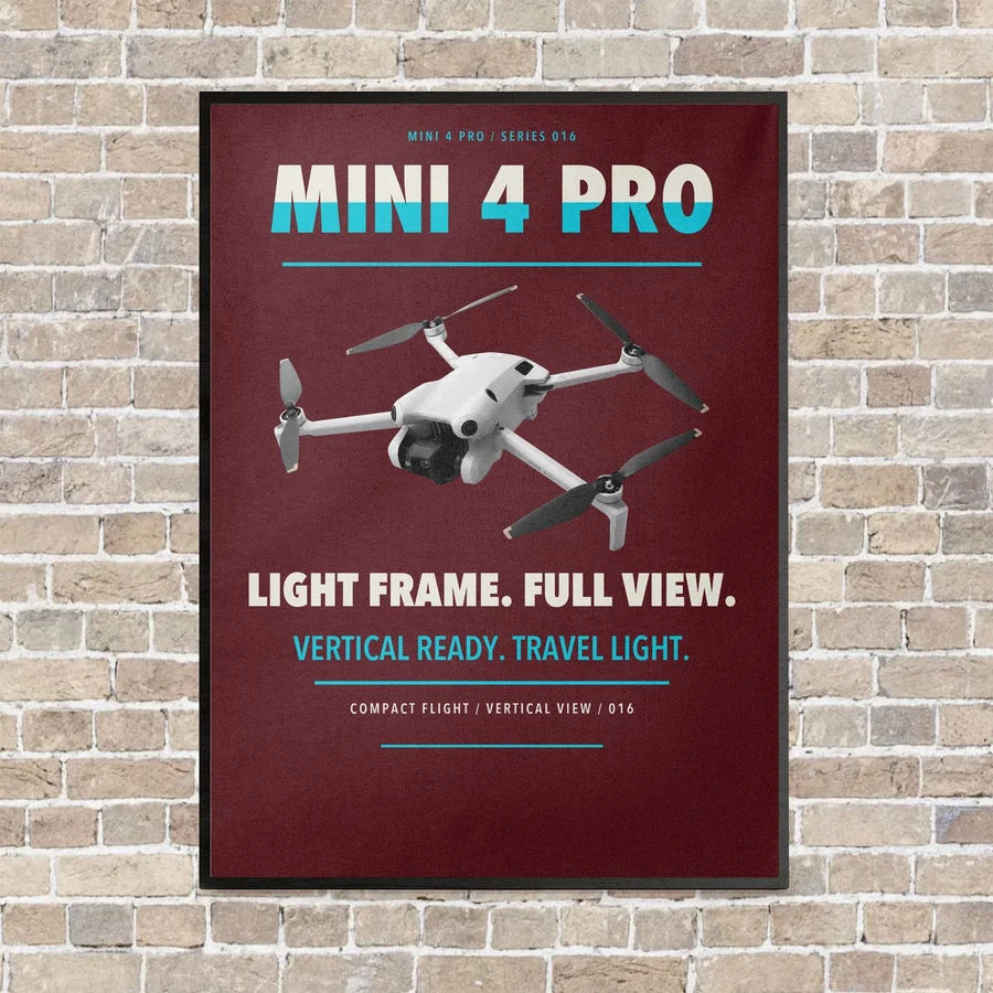 DJI Mini 4 Pro vertical canvas print - framed - dark red background