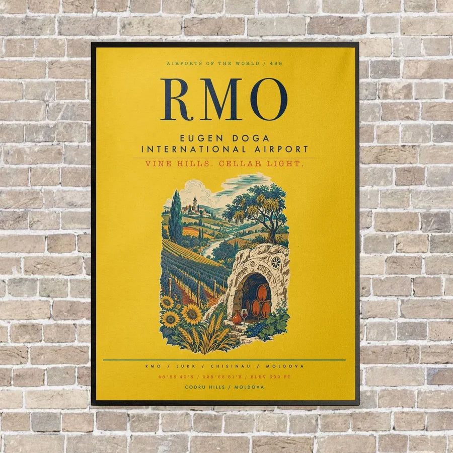 Chisinau Eugen Doga International Airport RMO vertical canvas print - framed - yellow background