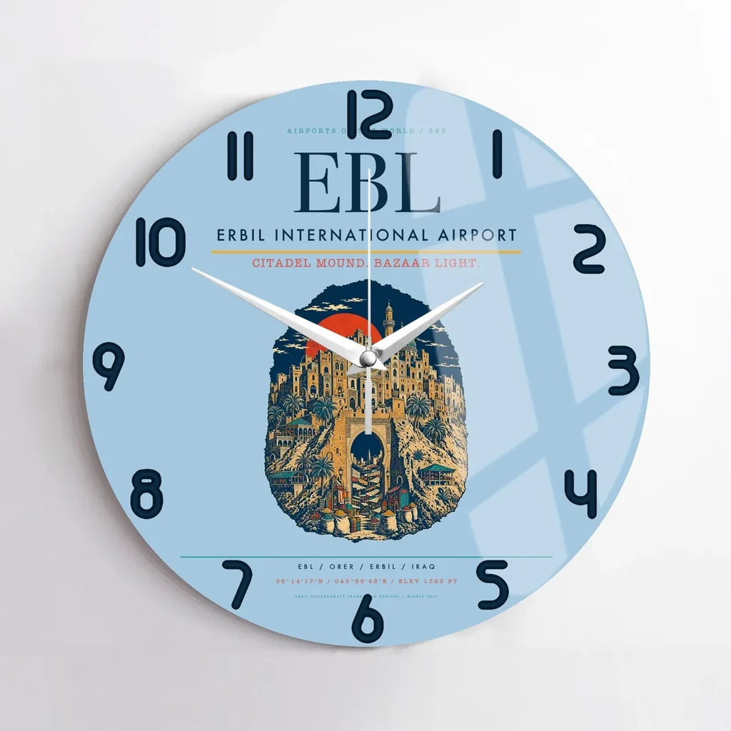Erbil International Airport (EBL) design on light blue no frame wall clock