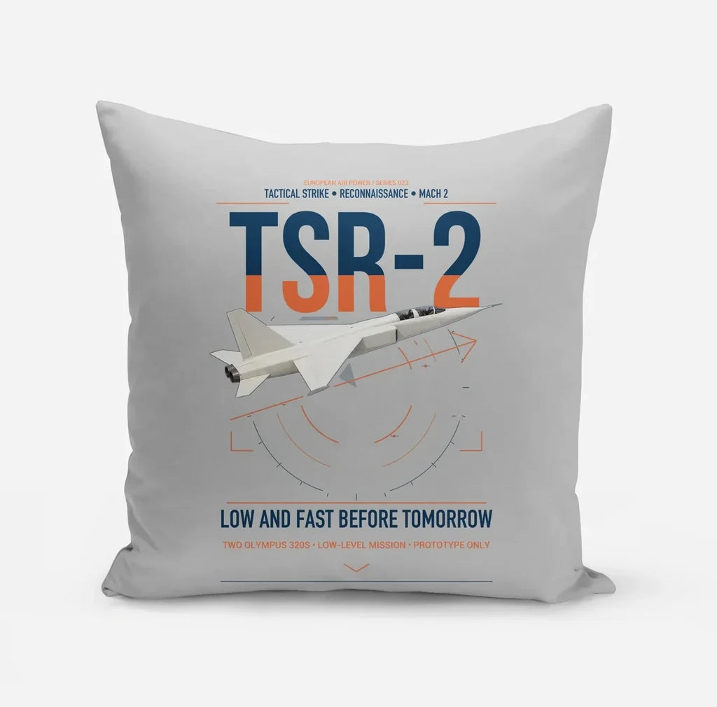 BAC TSR-2 design on light gray pillow