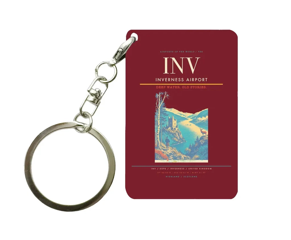 Inverness Airport (INV) design on dark red key chain