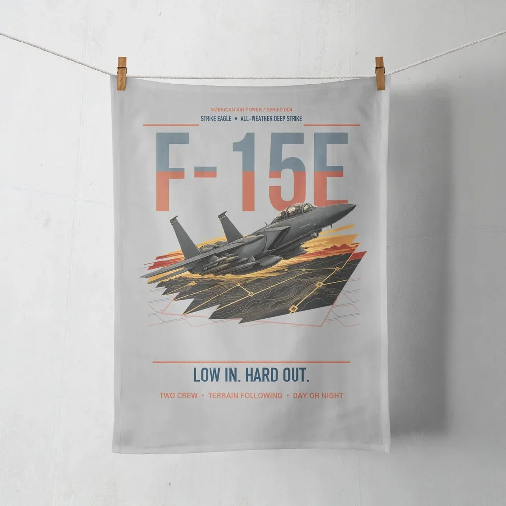 F-15E Strike Eagle design on light gray towel