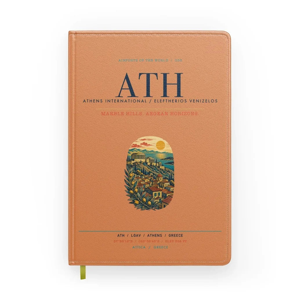 Athens International Eleftherios Venizelos Airport (ATH) design on orange notebook