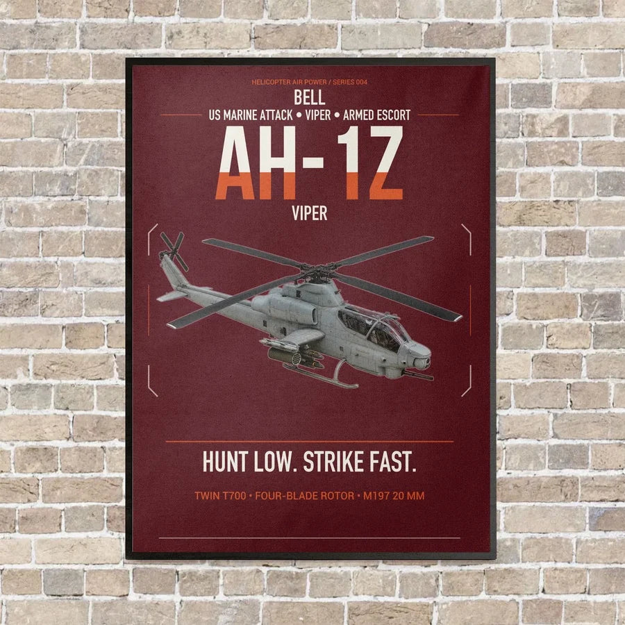 Bell AH-1Z Viper vertical canvas print - framed - dark red background