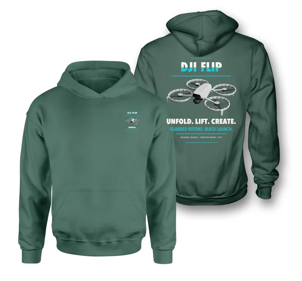 DJI Flip design on green hoodie