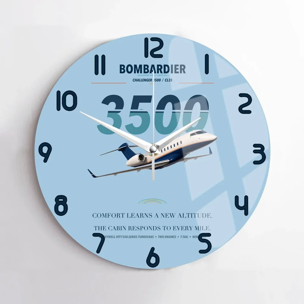 Bombardier Challenger 3500 design on light blue no frame wall clock