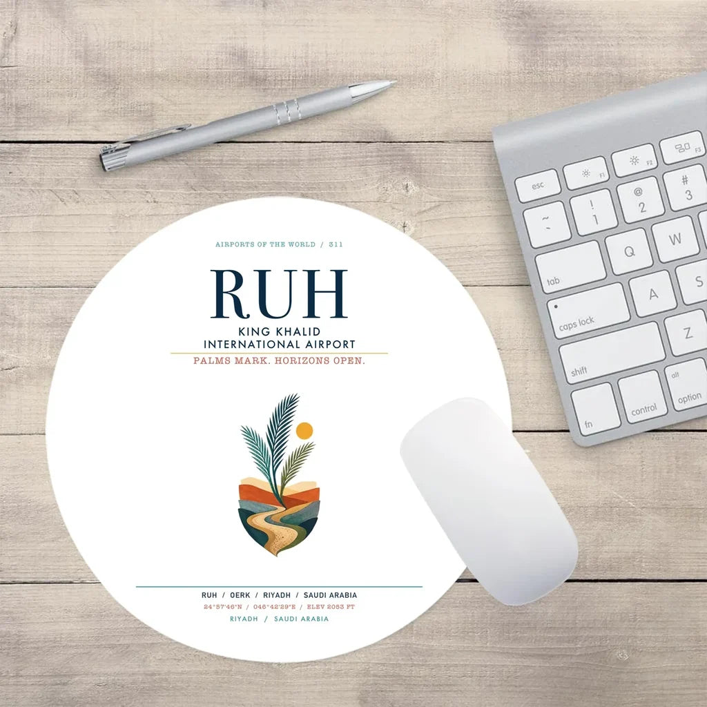 King Khalid International Airport (RUH) design on white round mouse pad