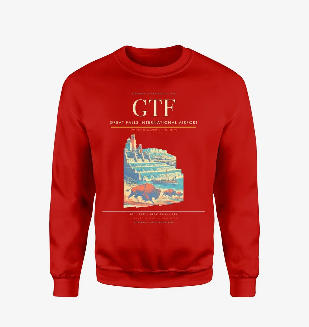 Great Falls International Airport (GTF) design on red sweatshirt