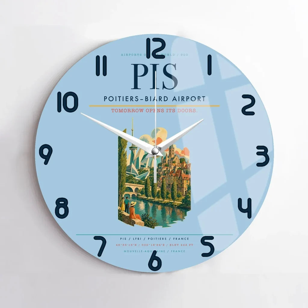 Poitiers–Biard Airport (PIS) design on light blue no frame wall clock