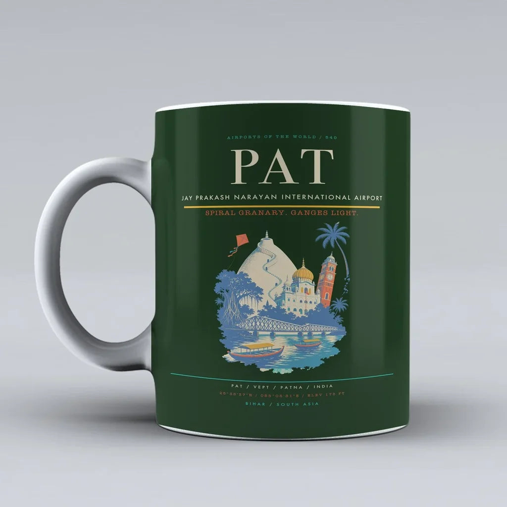Prakash Narayan International Airport PAT Mug design on dark green jay