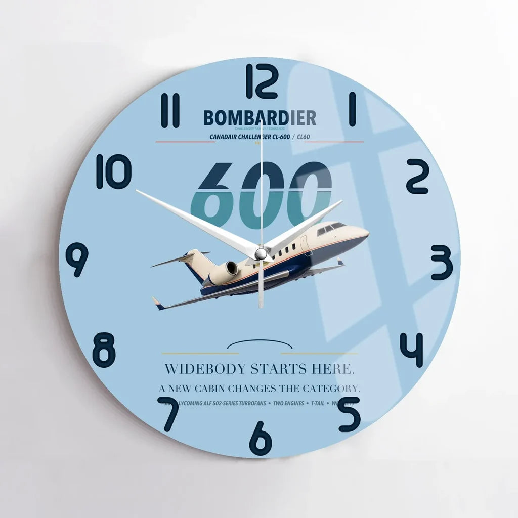 Bombardier Challenger 600 design on light blue no frame wall clock