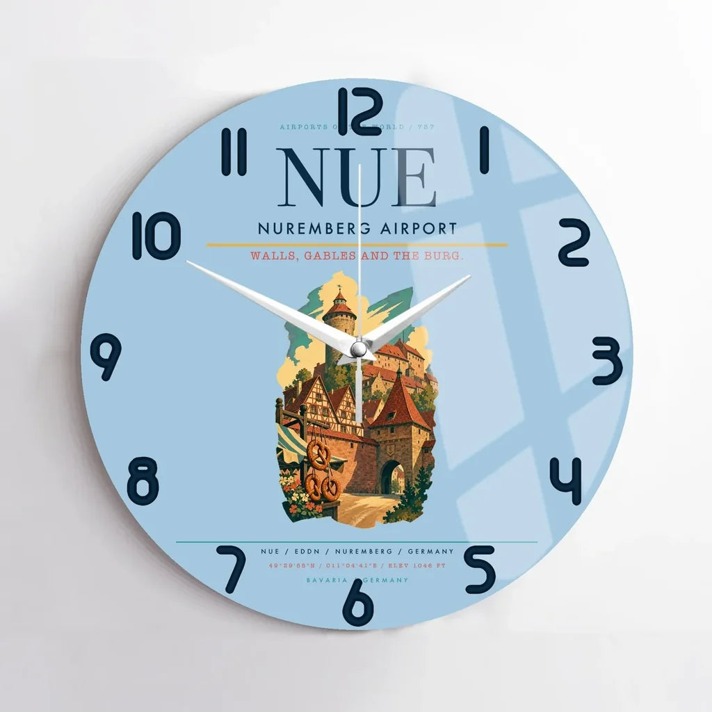 Nuremberg Airport (NUE) design on light blue no frame wall clock
