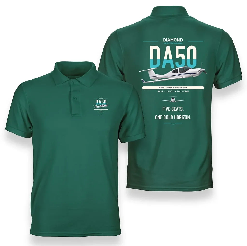 Diamond DA50 RG design on green double-side polo t-shirt, double-side print