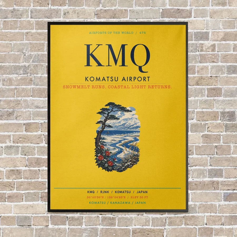 Komatsu Airport KMQ vertical canvas print - framed - yellow background