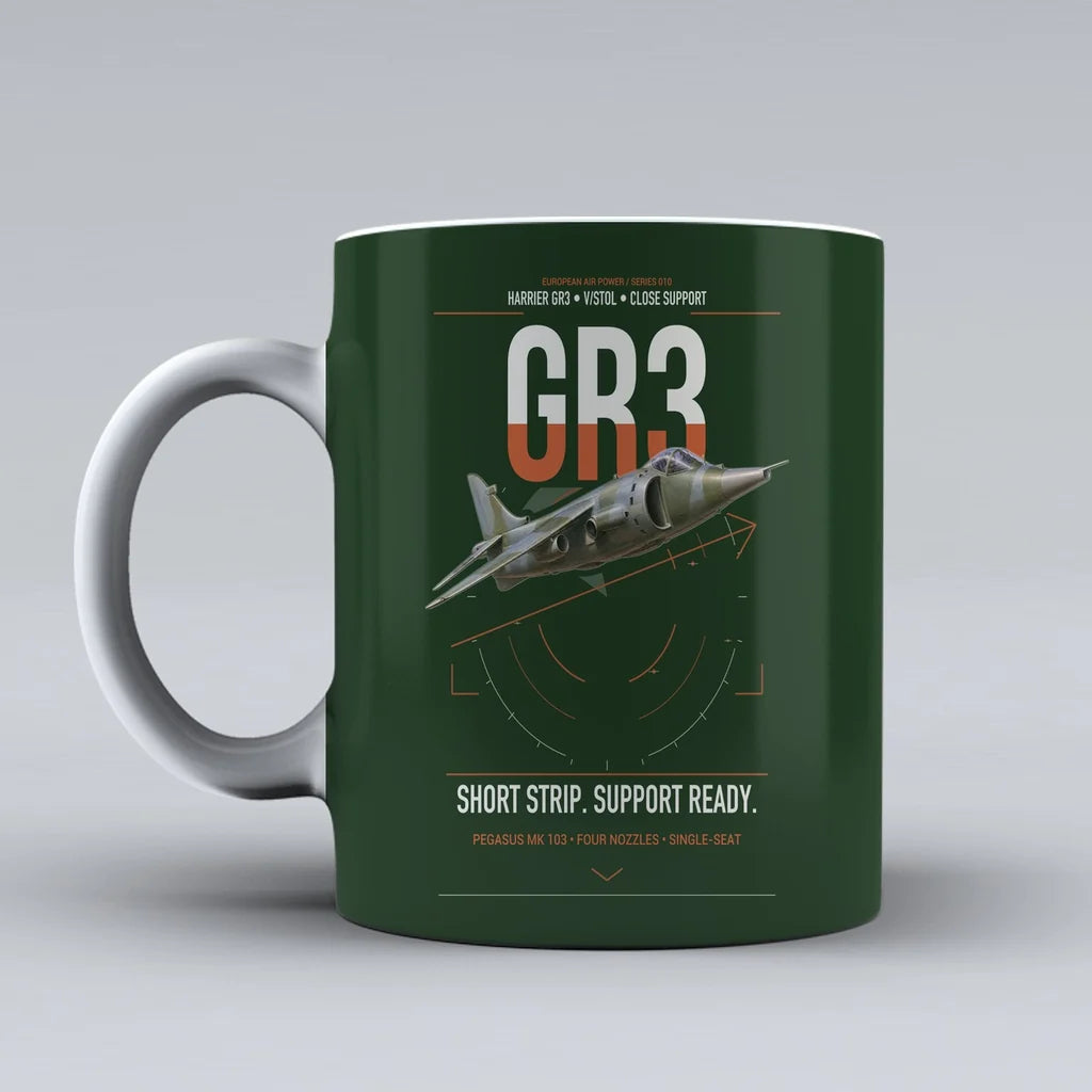 Hawker Siddeley Harrier GR3 design on dark green ceramic mug, double-side print