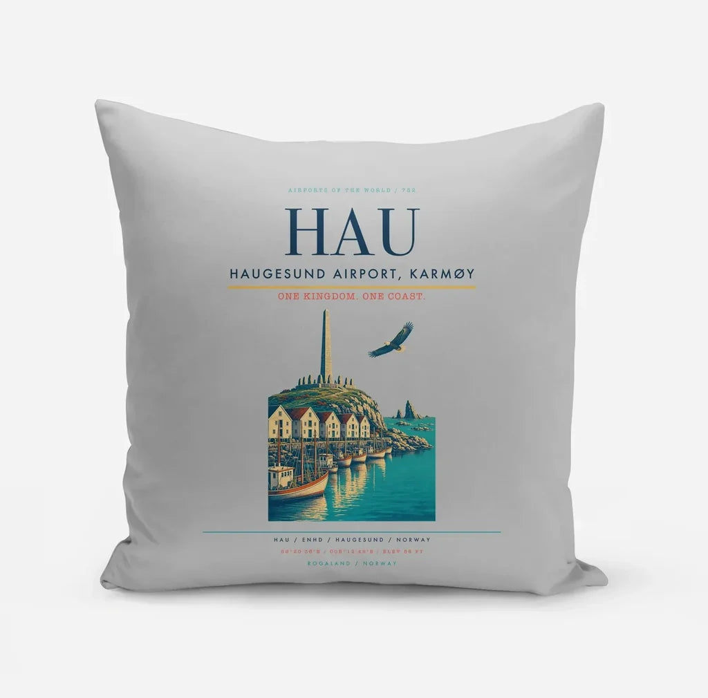 Haugesund Airport, Karmøy (HAU) design on light gray pillow