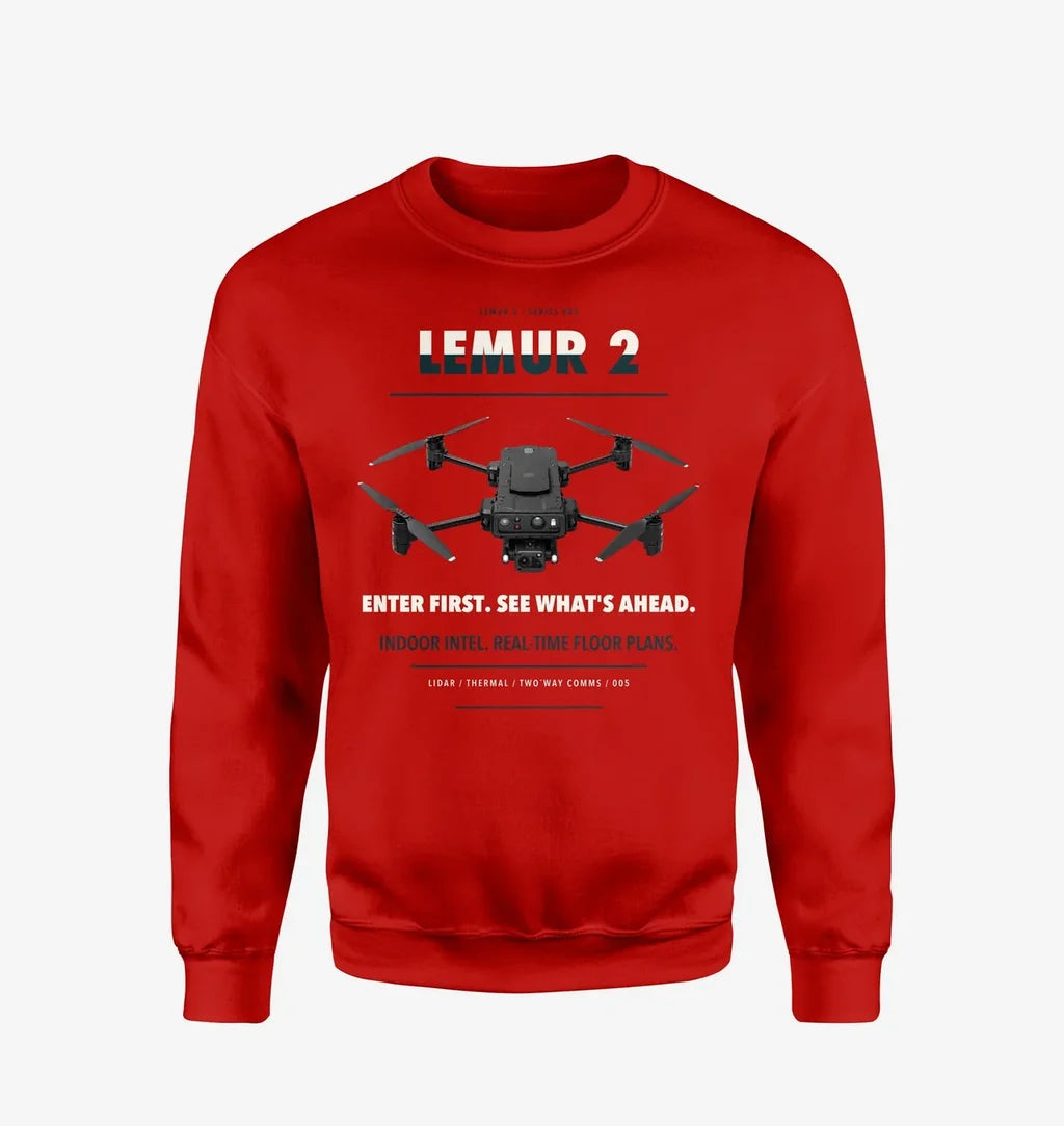 BRINC LEMUR 2 design on red sweatshirt