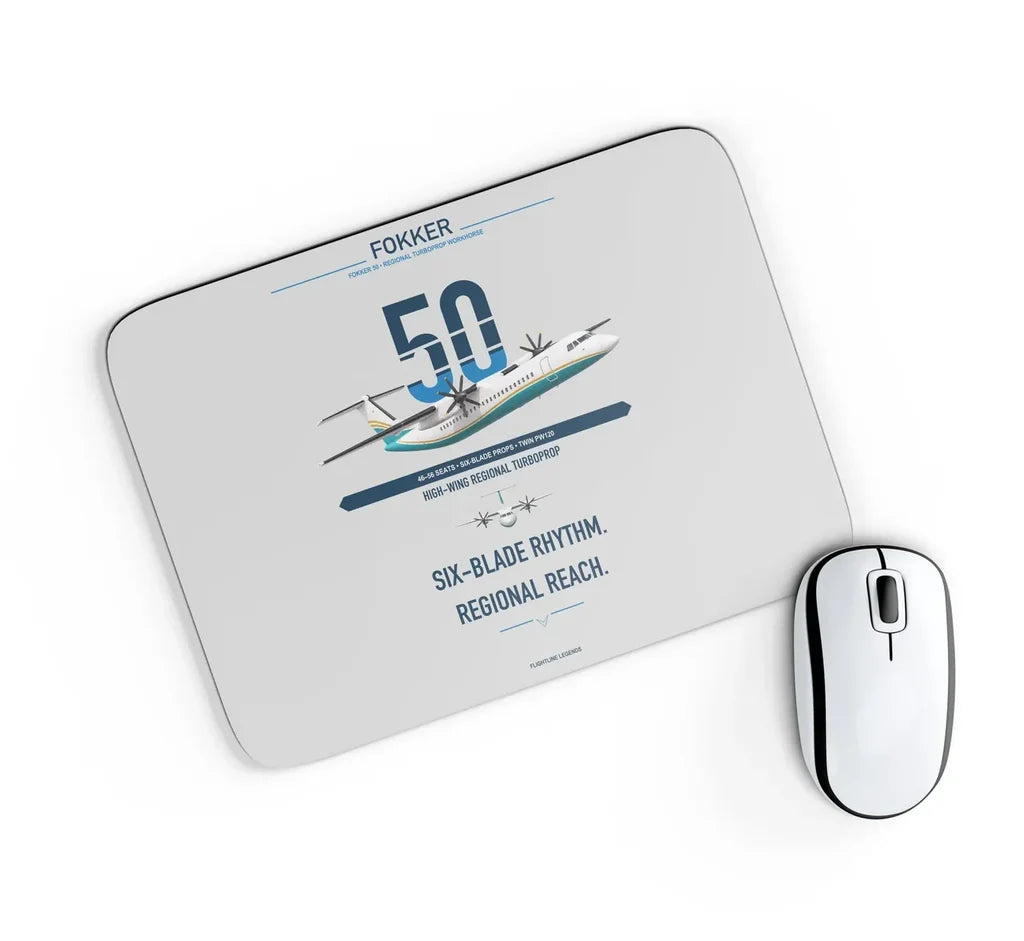 Fokker 50 design on light gray rectangle mouse pad
