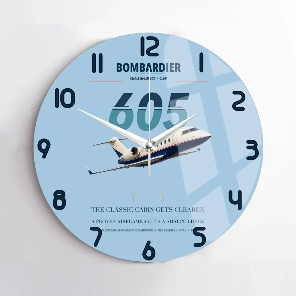 Bombardier Challenger 605 design on light blue no frame wall clock
