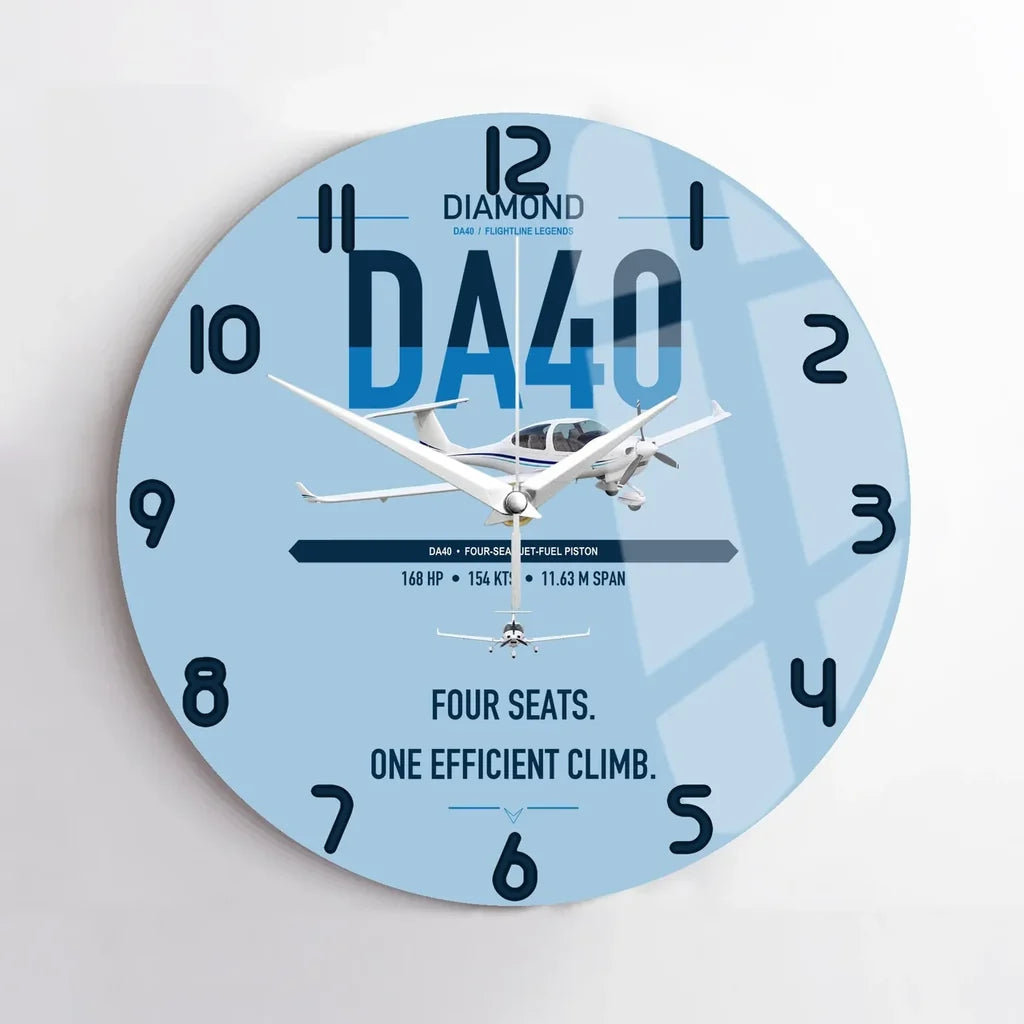 Diamond DA40 design on light blue no frame wall clock