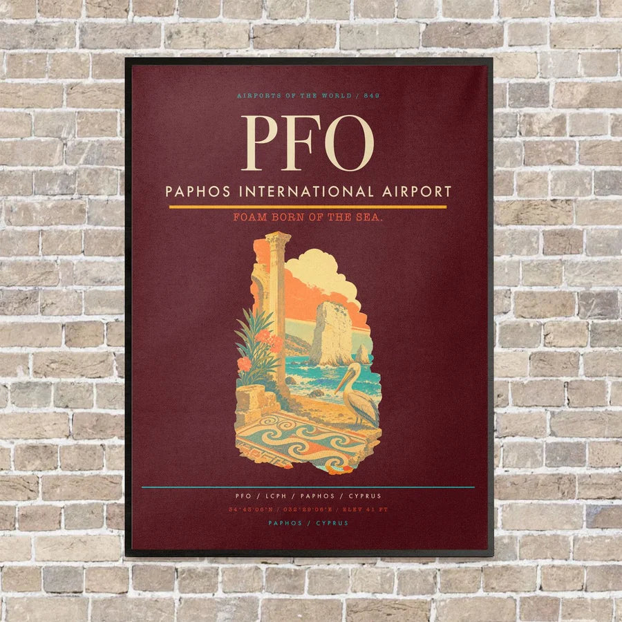 Paphos International Airport PFO vertical canvas print - framed - dark red background