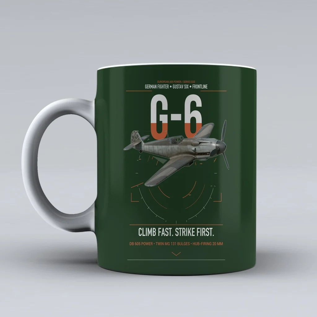 Messerschmitt Bf 109G-6 design on dark green ceramic mug, double-side print