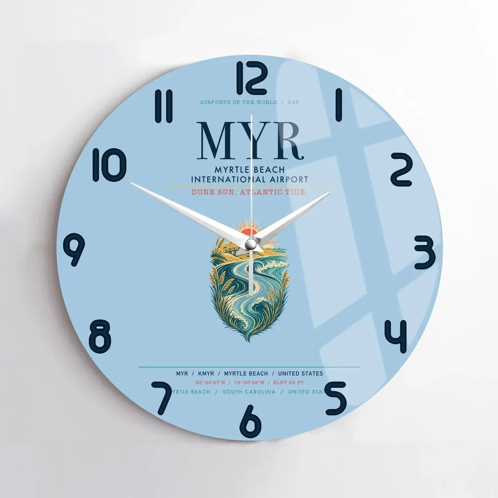 Myrtle Beach International Airport (MYR) design on light blue no frame wall clock