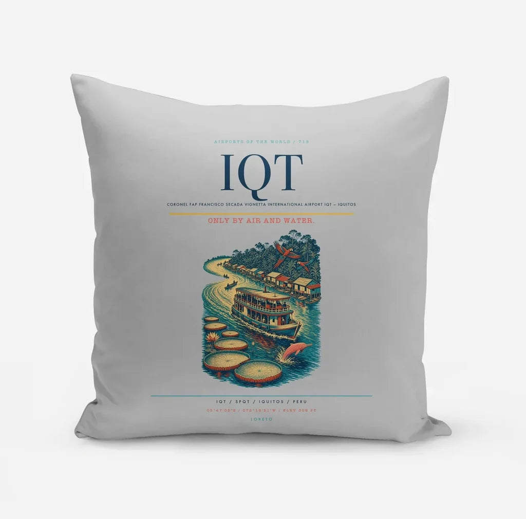 Coronel FAP Francisco Secada Vignetta International Airport (IQT) design on light gray pillow