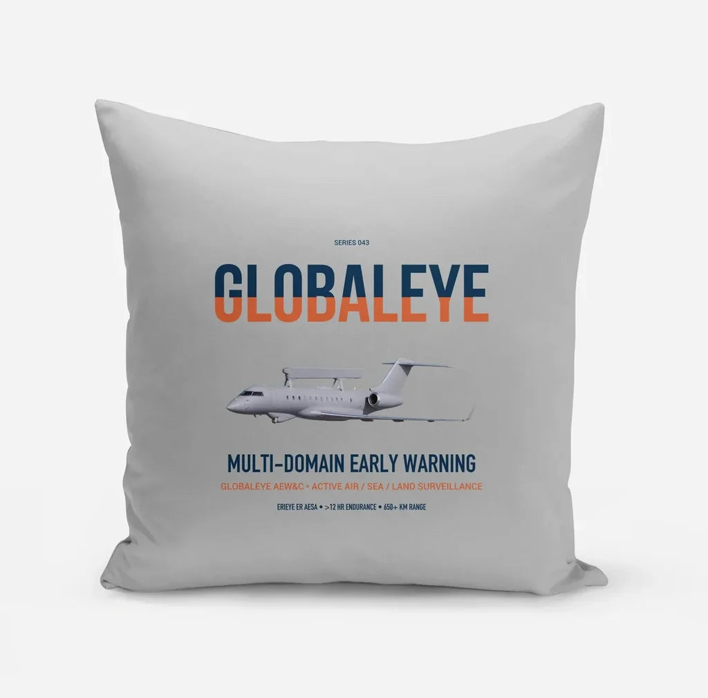 Saab GlobalEye design on light gray pillow