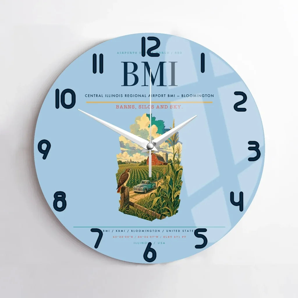 Central Illinois Regional Airport (BMI) design on light blue no frame wall clock