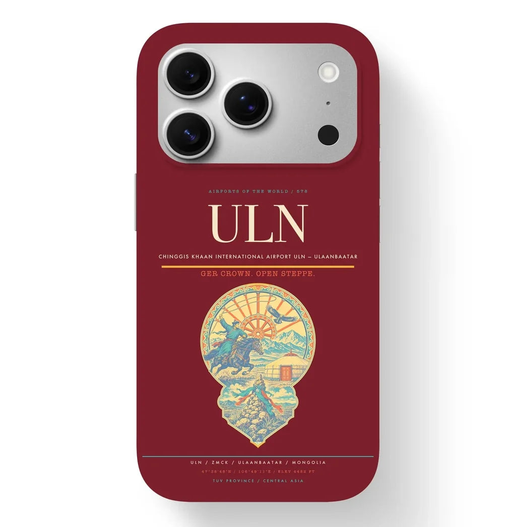 Ulaanbaatar Airport (ULN) design on dark red iPhone 17 Pro MagSafe case