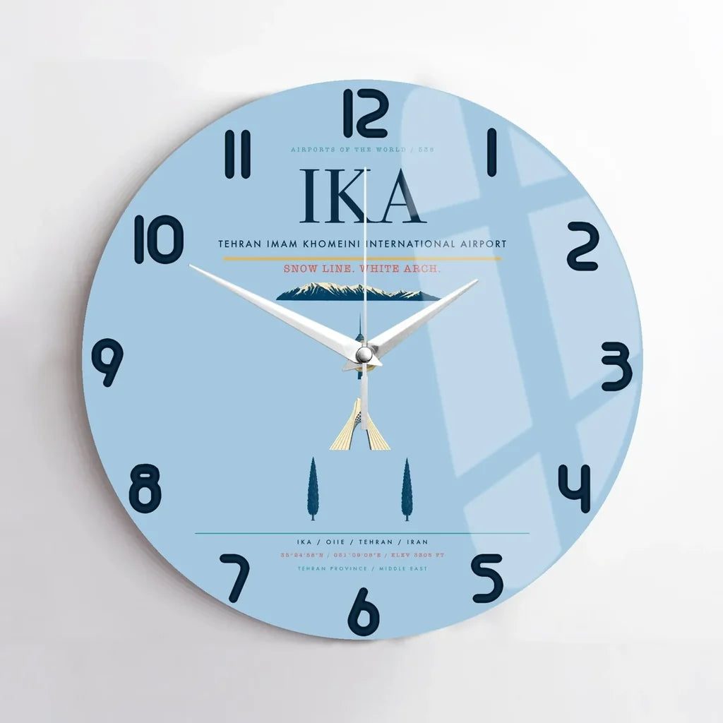 Tehran Imam Khomeini International Airport (IKA) design on light blue no frame wall clock