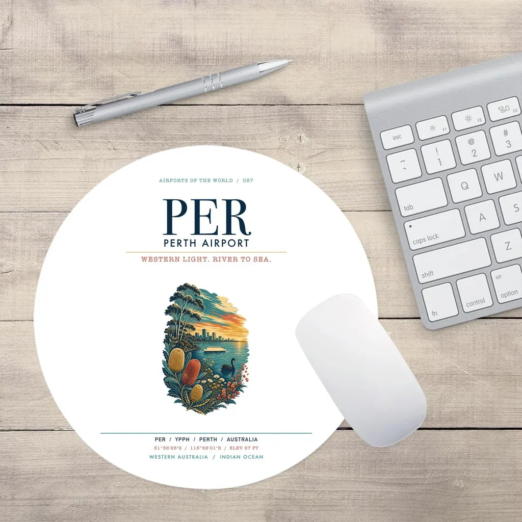 Perth Airport (PER) design on white round mouse pad