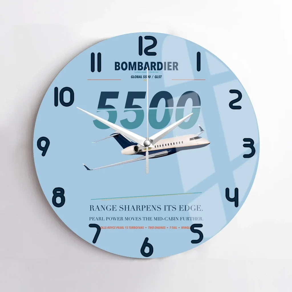 Bombardier Global 5500 design on light blue no frame wall clock