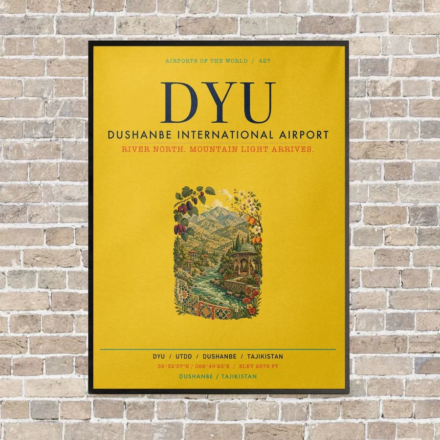 Dushanbe International Airport DYU vertical canvas print - framed - yellow background