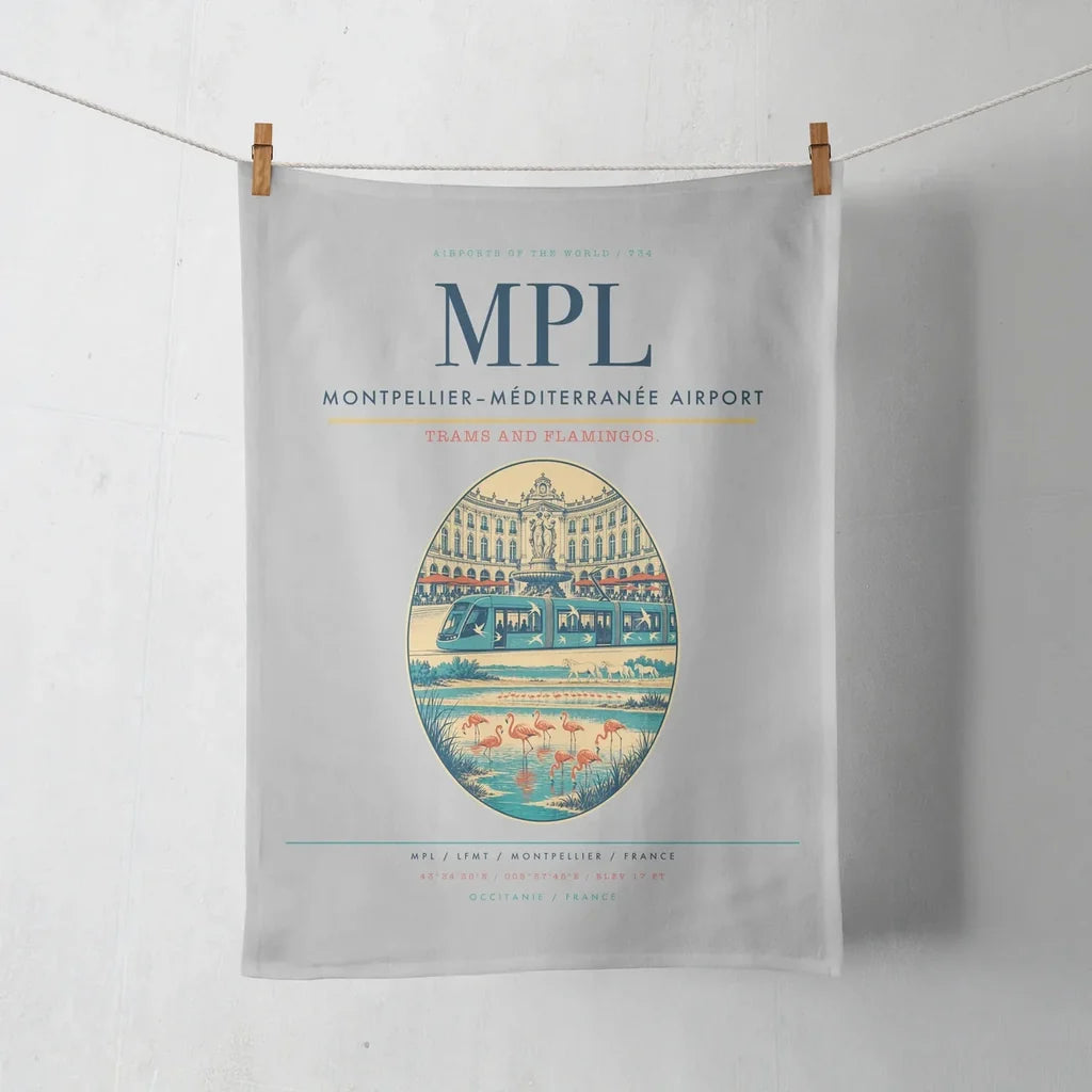 Montpellier–Méditerranée Airport (MPL) design on light gray towel