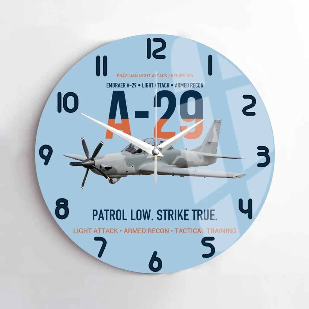 A-29 Super Tucano Light Attack design on light blue no frame wall clock