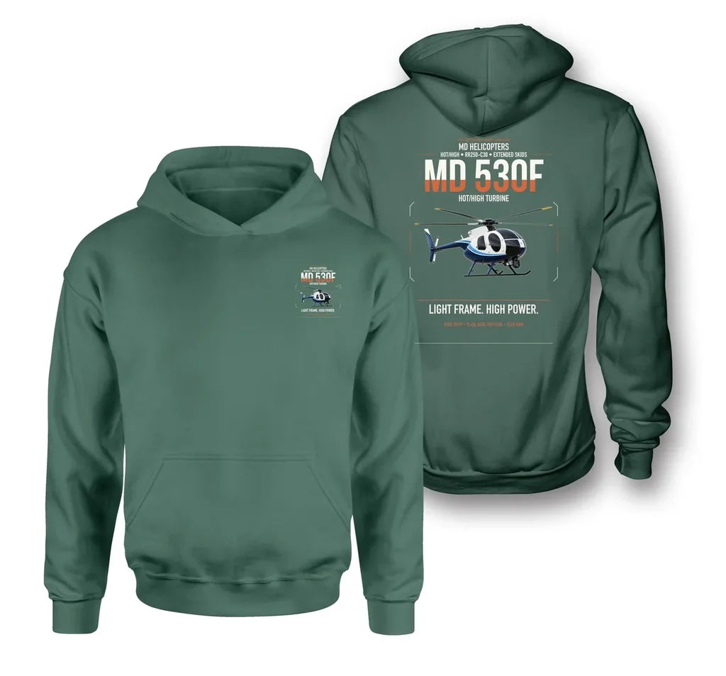 MD Helicopters MD 530F design on green double-side hoodie, double-side print