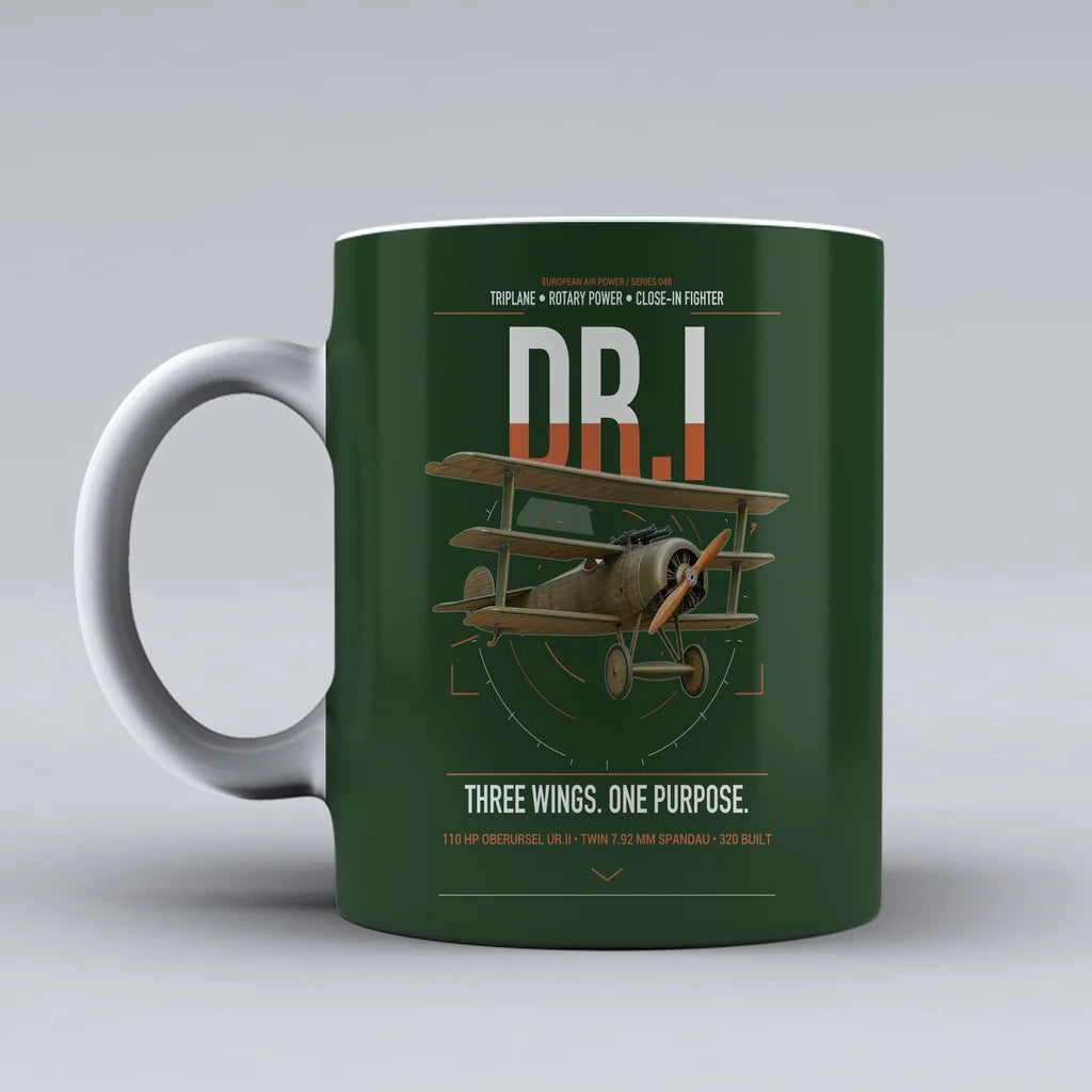 Fokker Dr.I design on dark green ceramic mug, double-side print