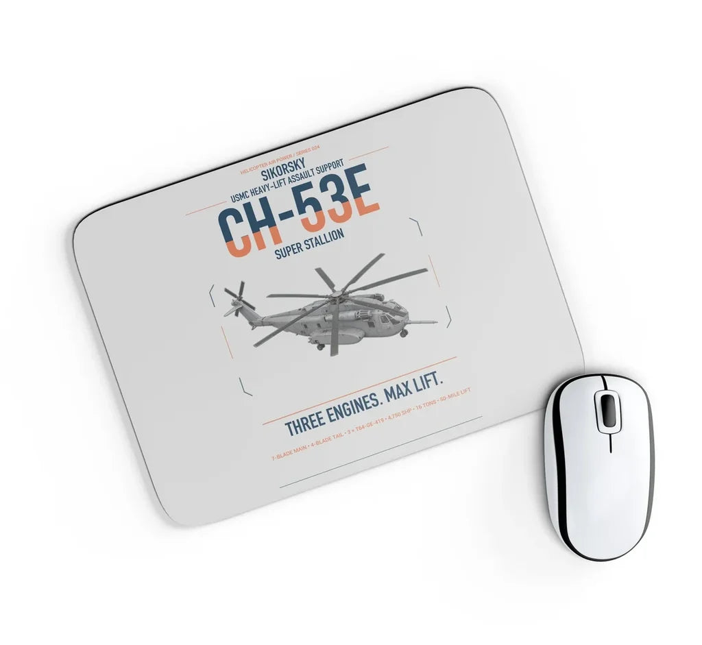 Sikorsky CH-53E Super Stallion design on light gray rectangle mouse pad